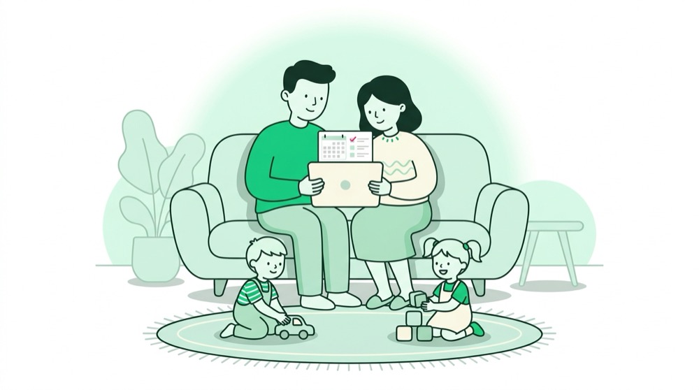 ソファで両親がタブレットのカレンダーを見て、子どもふたりが床で遊んでいる絵